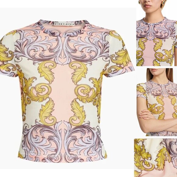 ALICE + OLIVIA DAYDREAMER PAISLEY TESS PASTEL PINK GOLD MESH TOP SHIRT SMALL S - Picture 16 of 16
